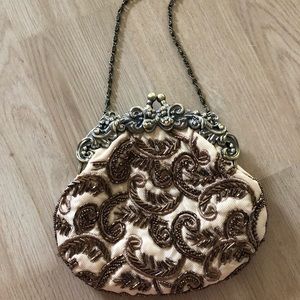 Beaded bronze & nude chained clutch